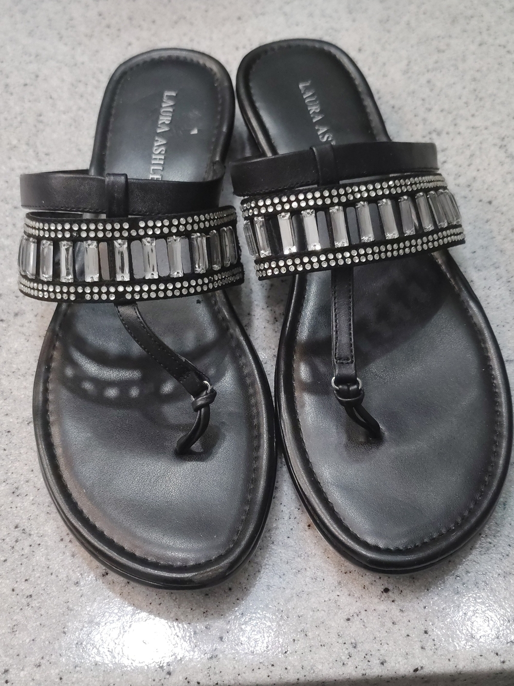 Laura Ashley Black 🌌Embellished Toe-Loop Sandals - Picture 1 of 4